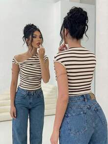 Firerie Women T-Shirts, Modest Sexy, Spring/Summer New Minimalist Elegant Daily Night Out Asymmetrical Shoulder Cross Wrap Metal Trim Decor Blue And White - Apricot - View 8