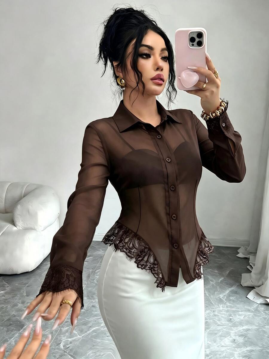Elenzga Women's Solid Color Contrast Lace Hem Single-Breasted Long Sleeve Elegant Blouse - Brown - View 1