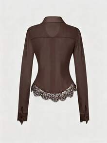 Elenzga Women's Solid Color Contrast Lace Hem Single-Breasted Long Sleeve Elegant Blouse - Brown - View 2
