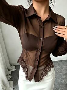 Elenzga Women's Solid Color Contrast Lace Hem Single-Breasted Long Sleeve Elegant Blouse - Brown - View 3