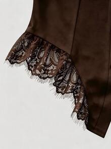 Elenzga Women's Solid Color Contrast Lace Hem Single-Breasted Long Sleeve Elegant Blouse - Brown - View 5