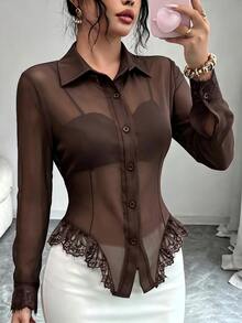 Elenzga Women's Solid Color Contrast Lace Hem Single-Breasted Long Sleeve Elegant Blouse - Brown - View 6