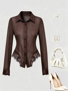 Elenzga Women's Solid Color Contrast Lace Hem Single-Breasted Long Sleeve Elegant Blouse - Brown - View 4