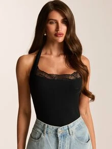 SHEIN BAE 春夏黑色掛脖蕾絲拼接修身抓皺連身內衣，性感純淨風，日常內著，約會外出穿搭，派對穿搭 - 黑色 - 查看 3