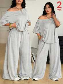 Coolane Women's Plus Size Summer Fall Minimalist Streetwear Basic Daily Wear Going Out Gym Comfortable Off Shoulder T-Shirt And Wide Leg Sweatpants Grey - Light Grey - View 2