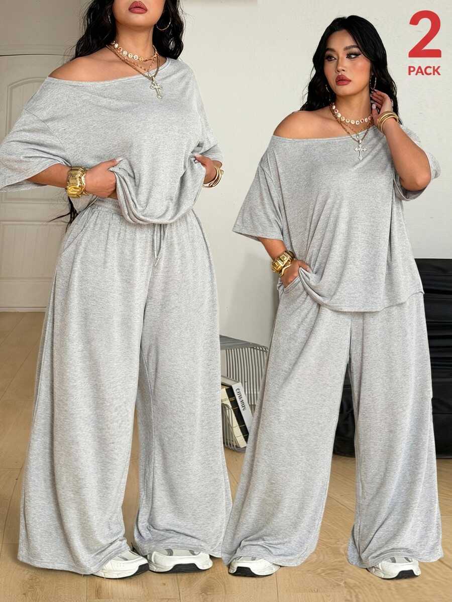 Coolane Women's Plus Size Summer Fall Minimalist Streetwear Basic Daily Wear Going Out Gym Comfortable Off Shoulder T-Shirt And Wide Leg Sweatpants Grey