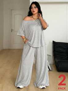 Coolane Women's Plus Size Summer Fall Minimalist Streetwear Basic Daily Wear Going Out Gym Comfortable Off Shoulder T-Shirt And Wide Leg Sweatpants Grey - Light Grey - View 4