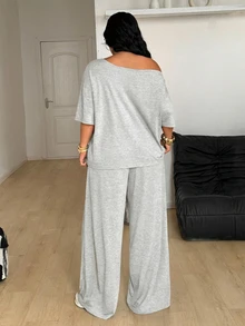 Coolane Women's Plus Size Summer Fall Minimalist Streetwear Basic Daily Wear Going Out Gym Comfortable Off Shoulder T-Shirt And Wide Leg Sweatpants Grey - Light Grey - View 6