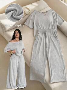 Coolane Women's Plus Size Summer Fall Minimalist Streetwear Basic Daily Wear Going Out Gym Comfortable Off Shoulder T-Shirt And Wide Leg Sweatpants Grey - Light Grey - View 7