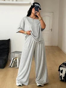 Coolane Women's Plus Size Summer Fall Minimalist Streetwear Basic Daily Wear Going Out Gym Comfortable Off Shoulder T-Shirt And Wide Leg Sweatpants Grey - Light Grey - View 3