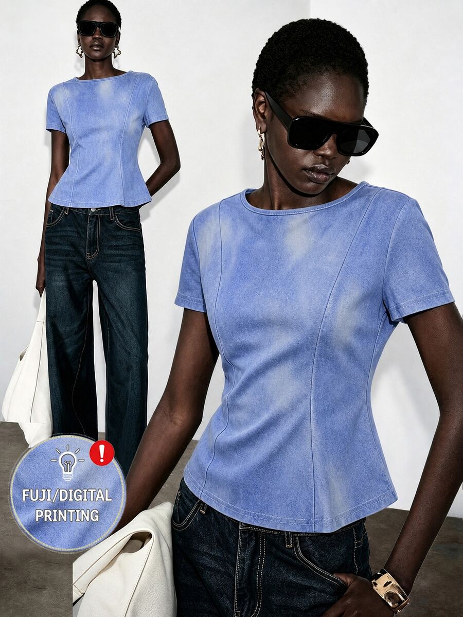 Lumivelle High Elasticity Knit Fitted Solid Color Round Neck Short Sleeve Cinched Waist Ruffle Hem A-Line Casual Elegant Commute Minimalist Romantic Spring Summer Women Regular T-Shirt - Blue - View 1