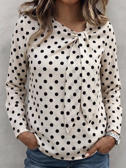 SHEIN Holidaya Women's Fall  Beige Black Polka Dot Tie-Front Long-Sleeve Top, Asymmetric Wrap Neck Bow Detail Loose Shirt,Daily Vacation, Outdoor Leisure Top