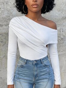 SHEIN Women's All White Asymmetrical Shoulder Ruched Fitted Long Sleeve T-Shirt Top Vacation Outing Date Night Commute Night Out Elegant Casual Sexy Fall - White - View 6
