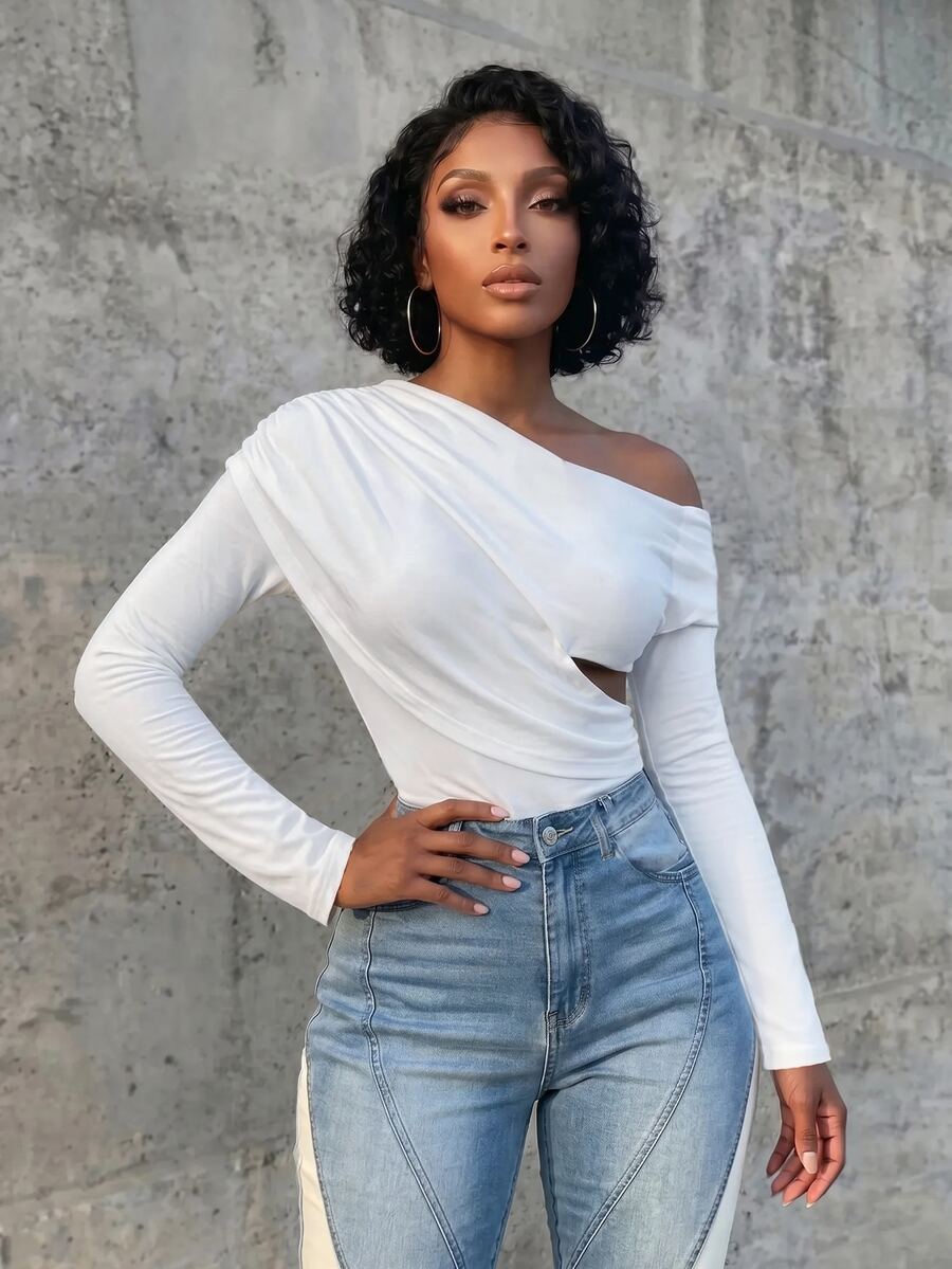 SHEIN Women's All White Asymmetrical Shoulder Ruched Fitted Long Sleeve T-Shirt Top Vacation Outing Date Night Commute Night Out Elegant Casual Sexy Fall