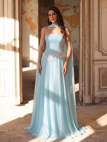 Aureia Blue Chiffon Patchwork Strapless Cape Shawl Pearl Decor Bustier Oversized Skirt Party Rehearsal Dinner Dress Wedding Guest Bachelorette Gown Spring - Blue - View 5