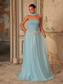 Aureia Blue Chiffon Patchwork Strapless Cape Shawl Pearl Decor Bustier Oversized Skirt Party Rehearsal Dinner Dress Wedding Guest Bachelorette Gown Spring - Blue - View 4