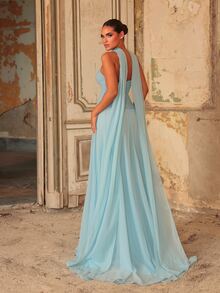 Aureia Blue Chiffon Patchwork Strapless Cape Shawl Pearl Decor Bustier Oversized Skirt Party Rehearsal Dinner Dress Wedding Guest Bachelorette Gown Spring - Blue - View 7