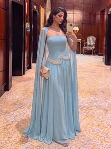 Aureia Blue Chiffon Patchwork Strapless Cape Shawl Pearl Decor Bustier Oversized Skirt Party Rehearsal Dinner Dress Wedding Guest Bachelorette Gown Spring - Blue - View 3