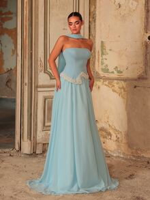 Aureia Blue Chiffon Patchwork Strapless Cape Shawl Pearl Decor Bustier Oversized Skirt Party Rehearsal Dinner Dress Wedding Guest Bachelorette Gown Spring - Blue - View 8