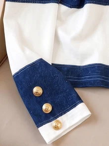 SHEIN Franclia Y2K Casual Color Block Stripe Long Sleeve Tee  White Blue Wide Stripes Cuff Three Gold Vintage Buttons Loose Fit Youth Daily Walking Street Tops - Blue and White - View 9