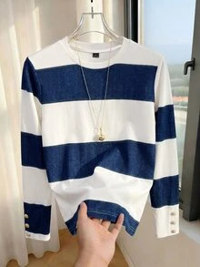 SHEIN Franclia Y2K Casual Color Block Stripe Long Sleeve Tee  White Blue Wide Stripes Cuff Three Gold Vintage Buttons Loose Fit Youth Daily Walking Street Tops - Blue and White - View 7