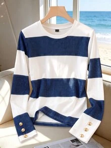 SHEIN Franclia Y2K Casual Color Block Stripe Long Sleeve Tee  White Blue Wide Stripes Cuff Three Gold Vintage Buttons Loose Fit Youth Daily Walking Street Tops - Blue and White - View 8
