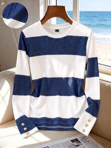 SHEIN Franclia Y2K Casual Color Block Stripe Long Sleeve Tee  White Blue Wide Stripes Cuff Three Gold Vintage Buttons Loose Fit Youth Daily Walking Street Tops - Blue and White - View 6