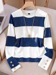 SHEIN Franclia Y2K Casual Color Block Stripe Long Sleeve Tee  White Blue Wide Stripes Cuff Three Gold Vintage Buttons Loose Fit Youth Daily Walking Street Tops - Blue and White - View 5