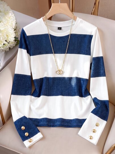 SHEIN Franclia חולצה נשית אלגנטית ורב-שימושית עם הדפס פסים במראה ג'ינס מלאכותי, ליומיום, למשרד, לנסיעות, ללבוש קז'ואל ושכבות