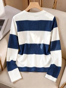 SHEIN Franclia Y2K Casual Color Block Stripe Long Sleeve Tee  White Blue Wide Stripes Cuff Three Gold Vintage Buttons Loose Fit Youth Daily Walking Street Tops - Blue and White - View 3