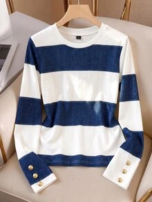 SHEIN Franclia Y2K Casual Color Block Stripe Long Sleeve Tee  White Blue Wide Stripes Cuff Three Gold Vintage Buttons Loose Fit Youth Daily Walking Street Tops - Blue and White - View 4