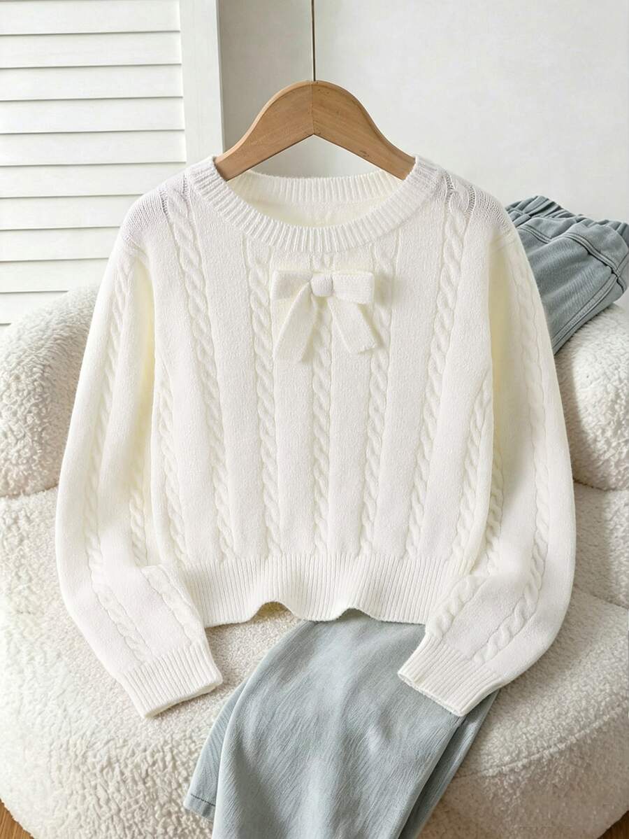 Tween Girl White Cable Bow Decor Long Sleeve Sweater - White - View 1