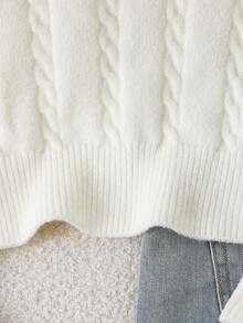 Tween Girl White Cable Bow Decor Long Sleeve Sweater - White - View 6