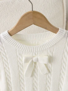 Tween Girl White Cable Bow Decor Long Sleeve Sweater - White - View 4