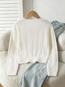 Tween Girl White Cable Bow Decor Long Sleeve Sweater - White - View 2