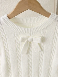 Tween Girl White Cable Bow Decor Long Sleeve Sweater - White - View 5