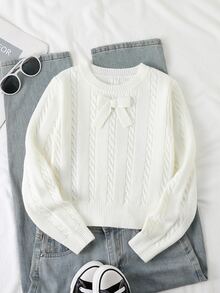 Tween Girl White Cable Bow Decor Long Sleeve Sweater - White - View 3