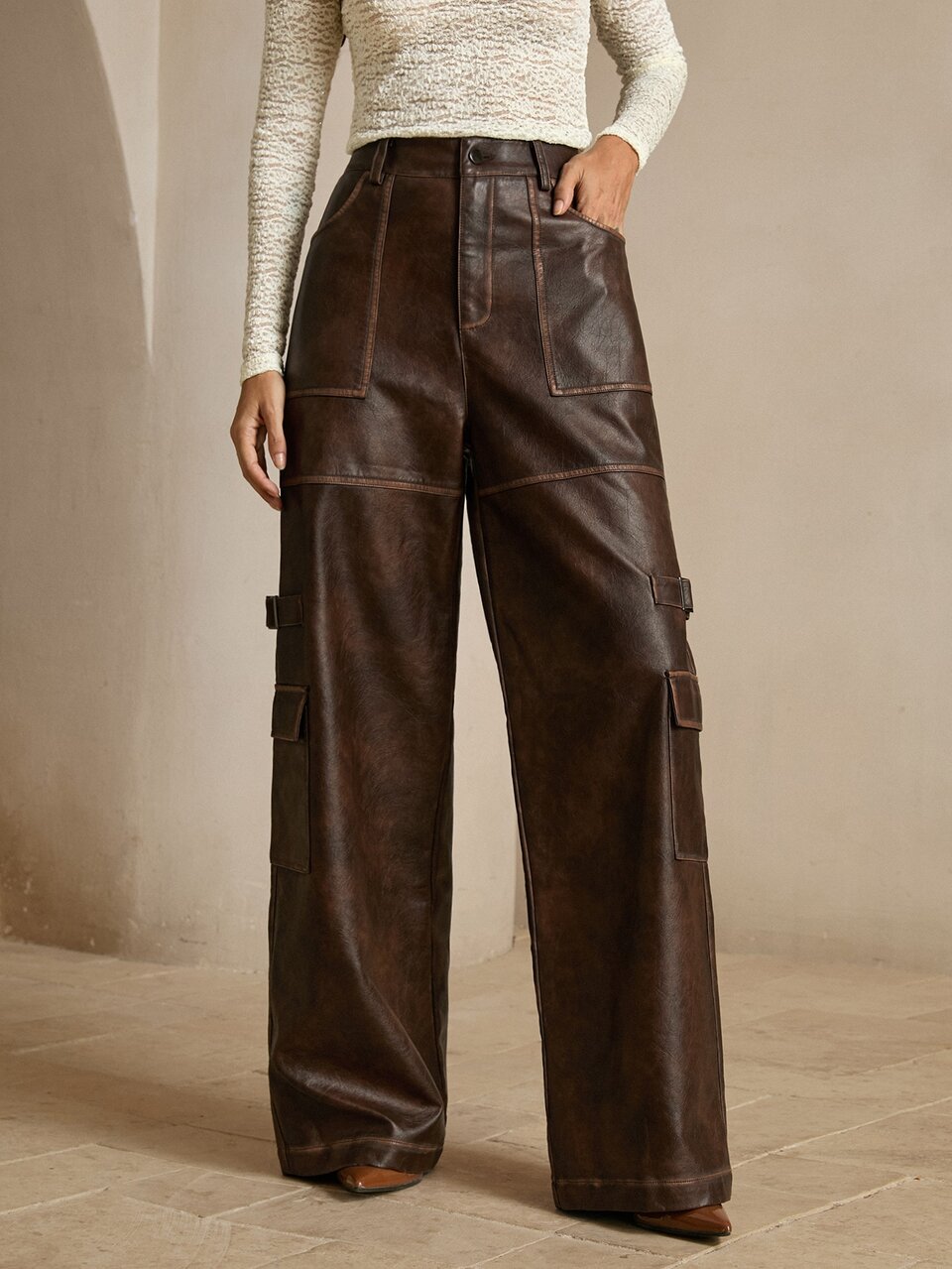 Anewsta Autumn/Winter Coffee Brown Leather Long Pants, Maillard Fashion Commute Versatile Vintage Distressed Cargo PU Women's Long Pants