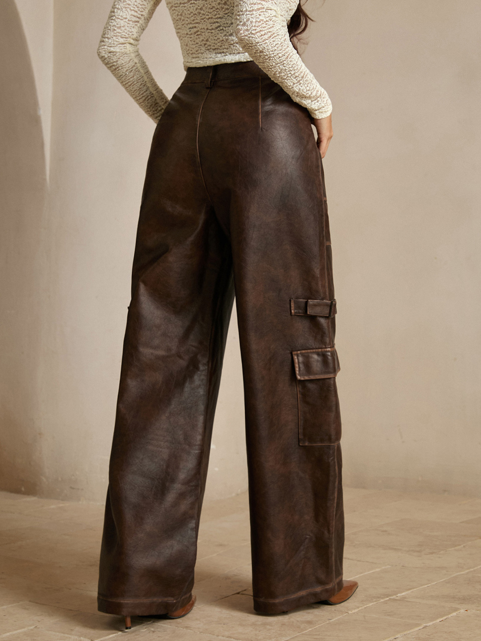 Anewsta Autumn/Winter Coffee Brown Leather Long Pants, Maillard Fashion Commute Versatile Vintage Distressed Cargo PU Women's Long Pants