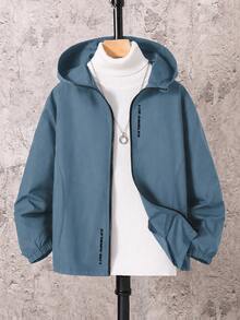 SHEIN 兒童男童休閒字母圖案印花連帽外套，輕量寬鬆拉鍊連帽夾克，開學季秋季校園穿搭，藍色 - 藍色 - 查看 3