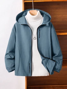 SHEIN 兒童男童休閒字母圖案印花連帽外套，輕量寬鬆拉鍊連帽夾克，開學季秋季校園穿搭，藍色 - 藍色 - 查看 4