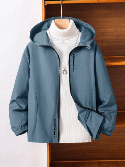 SHEIN Jaket Hoodie Kasual Anak Laki-laki dengan Cetakan Huruf Grafis untuk Musim Dingin, Jaket Hoodie Ringan dan Longgar dengan Resleting, Cocok untuk Kembali ke Sekolah, Musim Gugur, Warna Biru.
