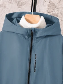 SHEIN 兒童男童休閒字母圖案印花連帽外套，輕量寬鬆拉鍊連帽夾克，開學季秋季校園穿搭，藍色 - 藍色 - 查看 6
