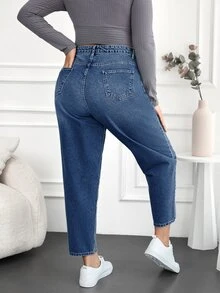 EURMUSE Jeans estilo mamá lavados al agua de talla grande - Azul lavado medio - Ver 2