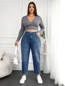 EURMUSE Jeans estilo mamá lavados al agua de talla grande - Azul lavado medio - Ver 3