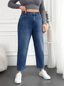 EURMUSE Jeans estilo mamá lavados al agua de talla grande - Azul lavado medio - Ver 5