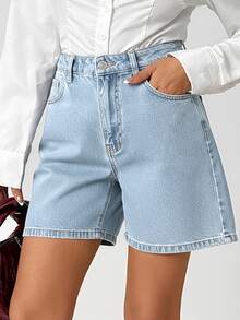 SHEIN High Waist Ice Blue Wash Smart Casual Style Woman Denim Short Button Closure Elastic Waistband Plus Size - Light Wash - View 6