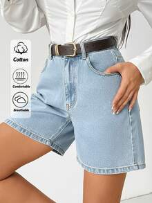 SHEIN High Waist Ice Blue Wash Smart Casual Style Woman Denim Short Button Closure Elastic Waistband Plus Size - Light Wash - View 2