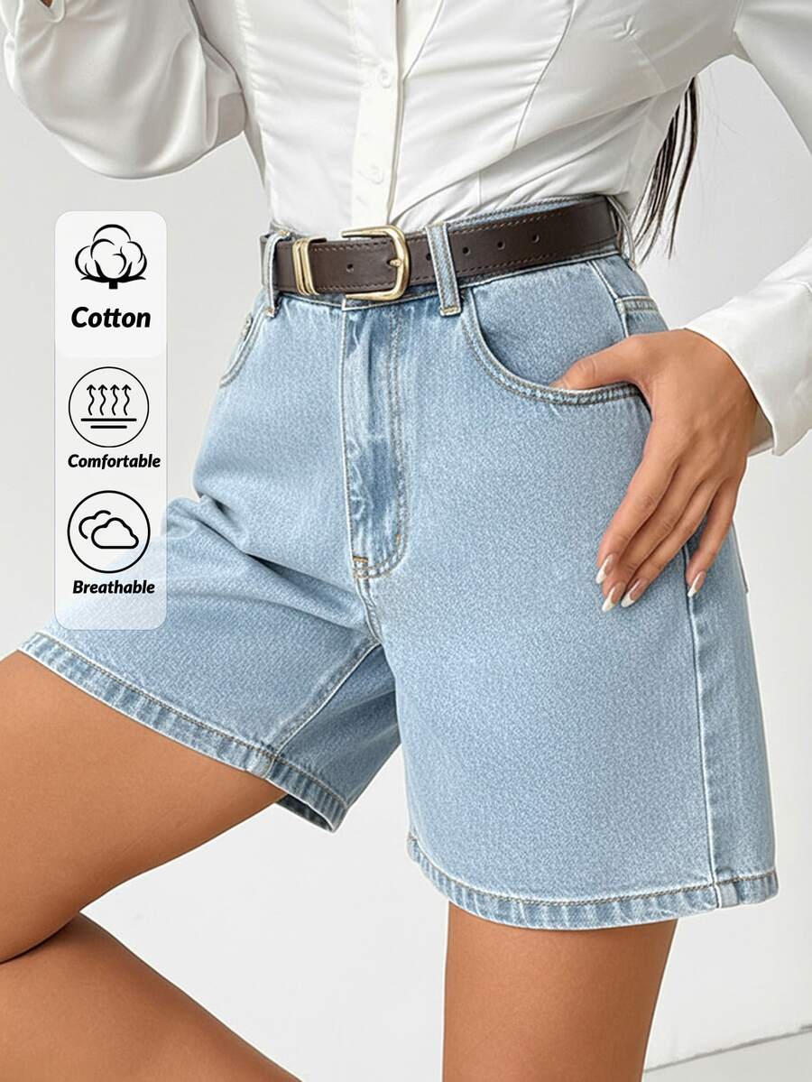 SHEIN High Waist Ice Blue Wash Smart Casual Style Woman Denim Short Button Closure Elastic Waistband Plus Size