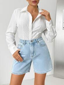 SHEIN High Waist Ice Blue Wash Smart Casual Style Woman Denim Short Button Closure Elastic Waistband Plus Size - Light Wash - View 5